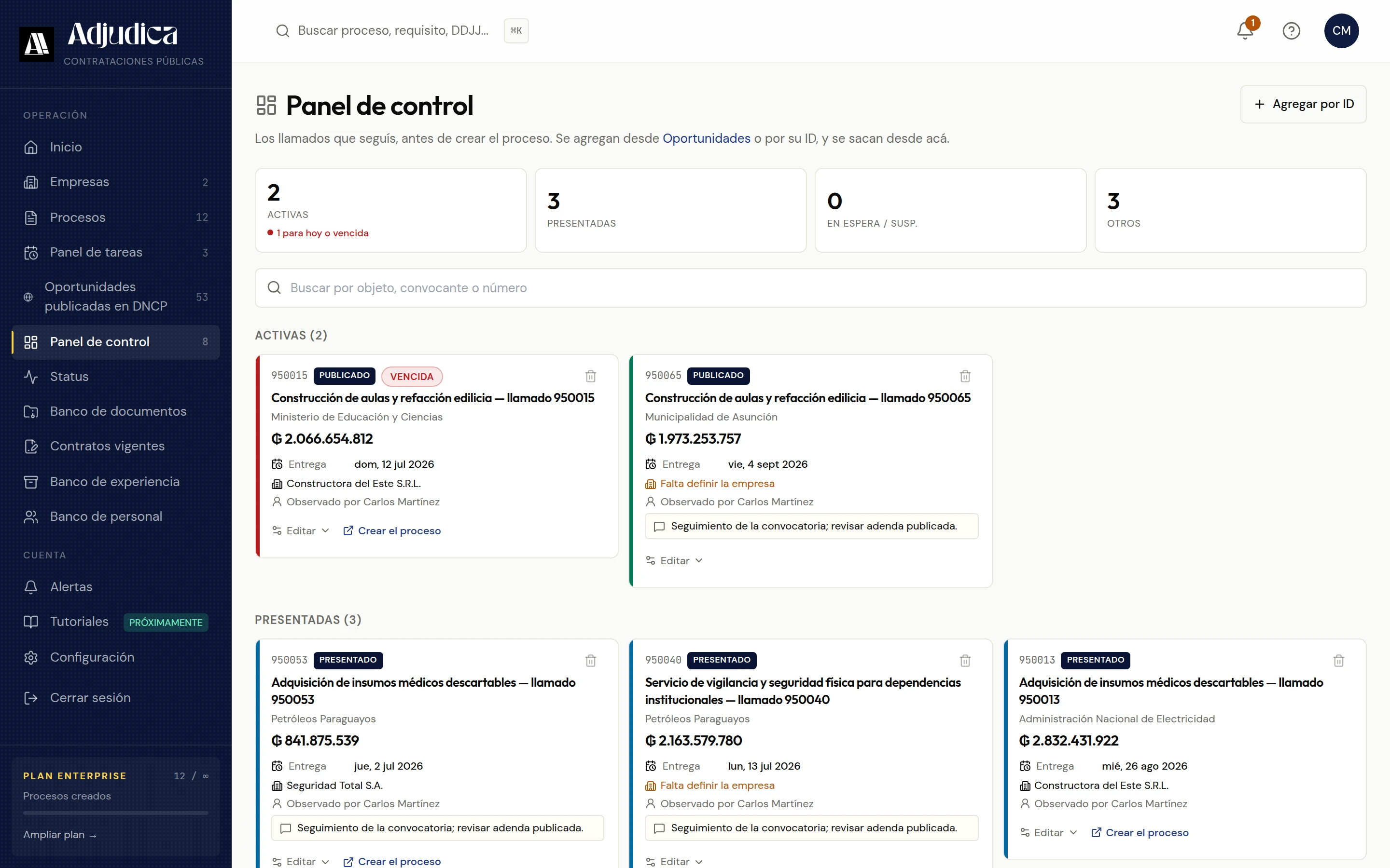 Panel de control de Adjudica: contadores por estado y tarjetas de los llamados en seguimiento, con convocante, monto referencial, fecha de entrega y la empresa con la que se presenta.